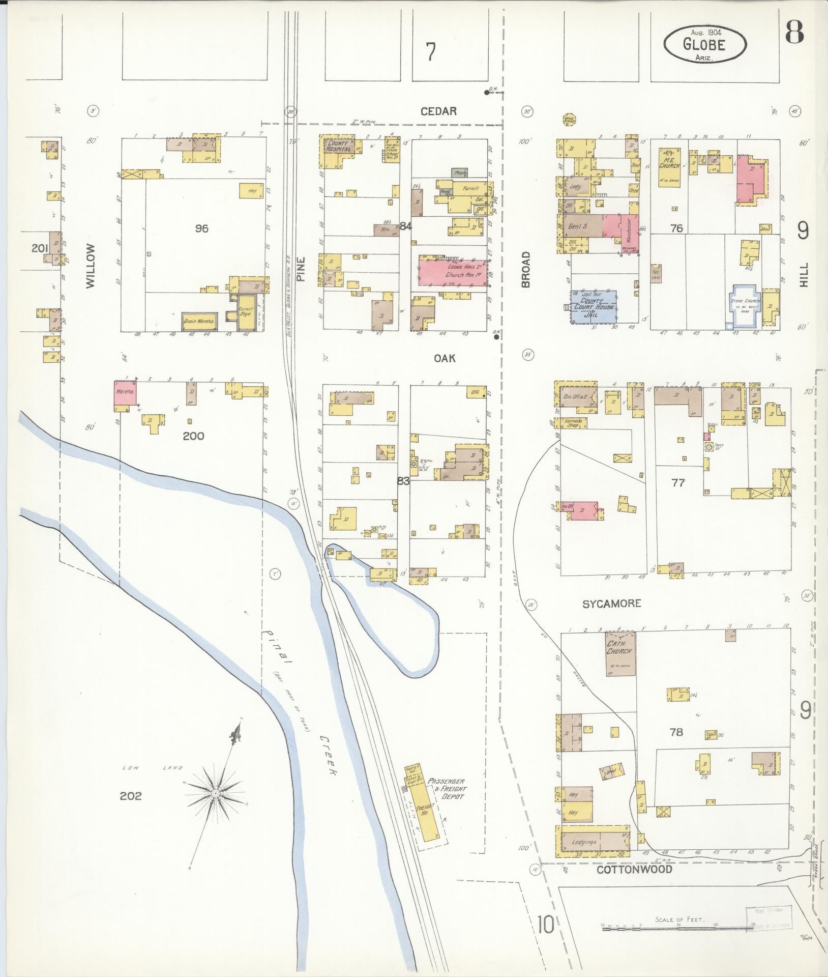 Sanborn Fire Insurance Map from Globe, Gila County, Arizona (1904), Sheet #0008 - Historic Sanborn Fire Insurance Map Print, vintage old map wall art, antique decor, genealogy gift, Arizona Arizona map
