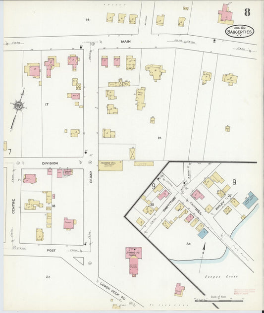 Sanborn Fire Insurance Map from Saugerties, Ulster County, New York (1912), Sheet #0008 - Historic Sanborn Fire Insurance Map Print, vintage old map wall art, antique decor, genealogy gift, New York New York map