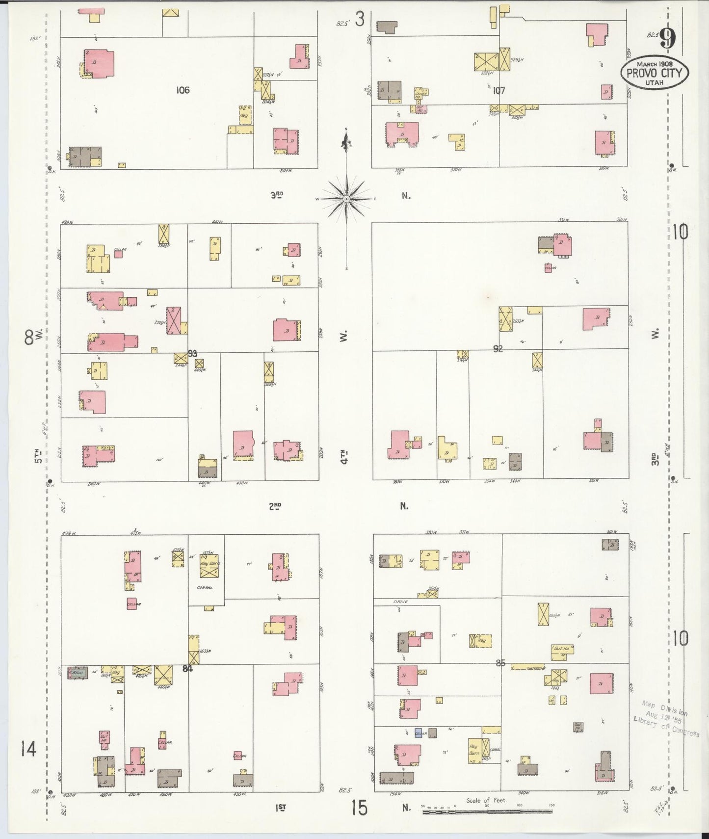 Sanborn Fire Insurance Map from Provo, Utah County, Utah (1908), Sheet #0009 - Historic Sanborn Fire Insurance Map Print, vintage old map wall art, antique decor, genealogy gift, Provo Utah map