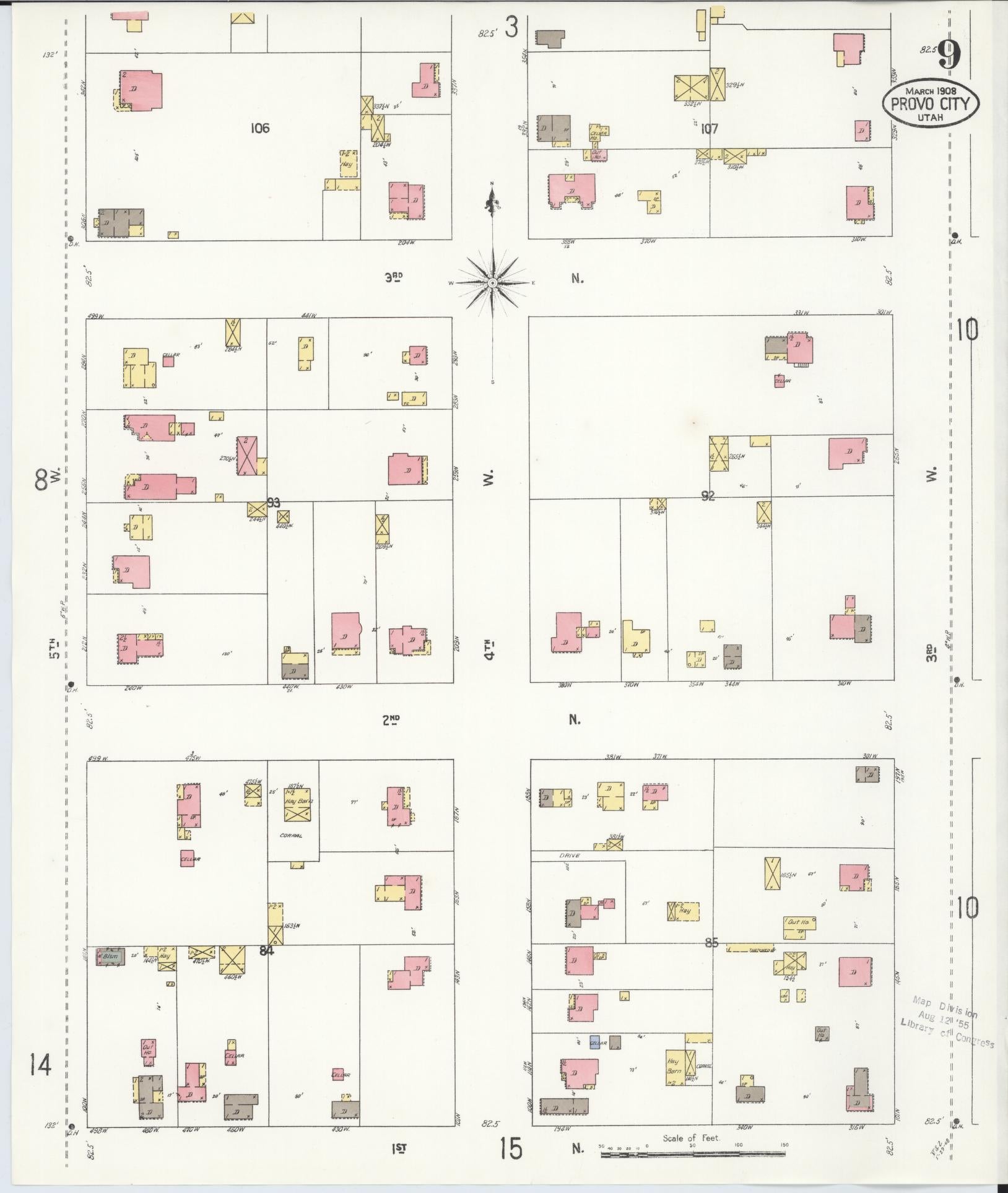 Sanborn Fire Insurance Map from Provo, Utah County, Utah (1908), Sheet #0009 - Historic Sanborn Fire Insurance Map Print, vintage old map wall art, antique decor, genealogy gift, Provo Utah map