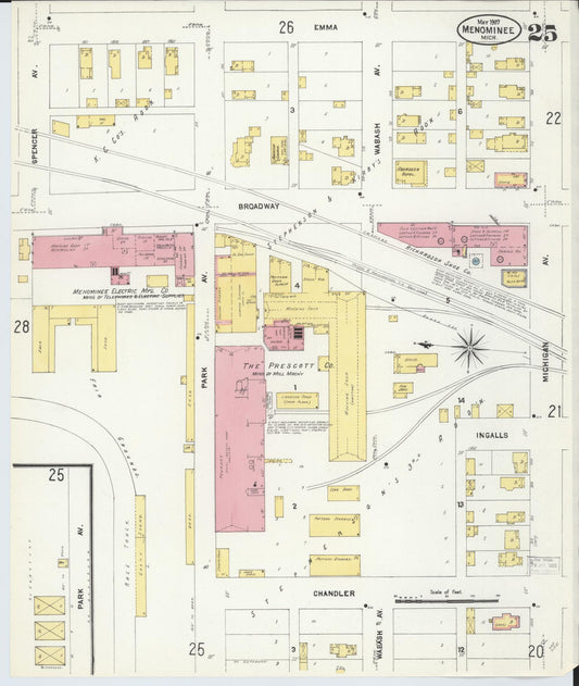 Sanborn Fire Insurance Map from Menominee, Menominee County, Michigan (1907), Sheet #0025 - Historic Sanborn Fire Insurance Map Print, vintage old map wall art, antique decor, genealogy gift, Michigan Michigan map
