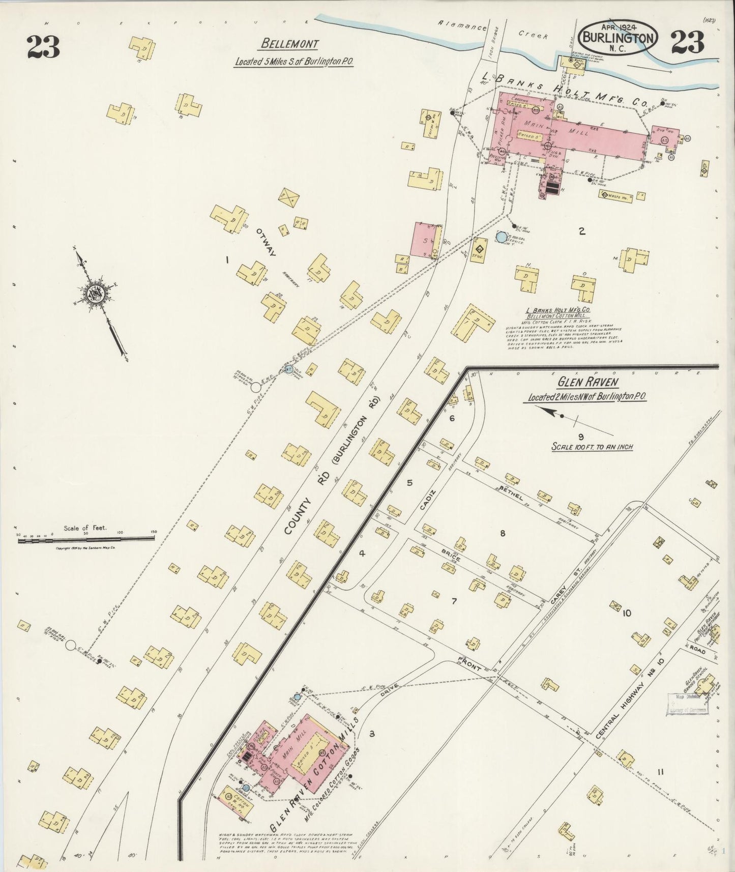 Sanborn Fire Insurance Map from Burlington, Alamance County, North Carolina (1924), Sheet #0023 - Historic Sanborn Fire Insurance Map Print, vintage old map wall art, antique decor, genealogy gift, North Carolina North Carolina map