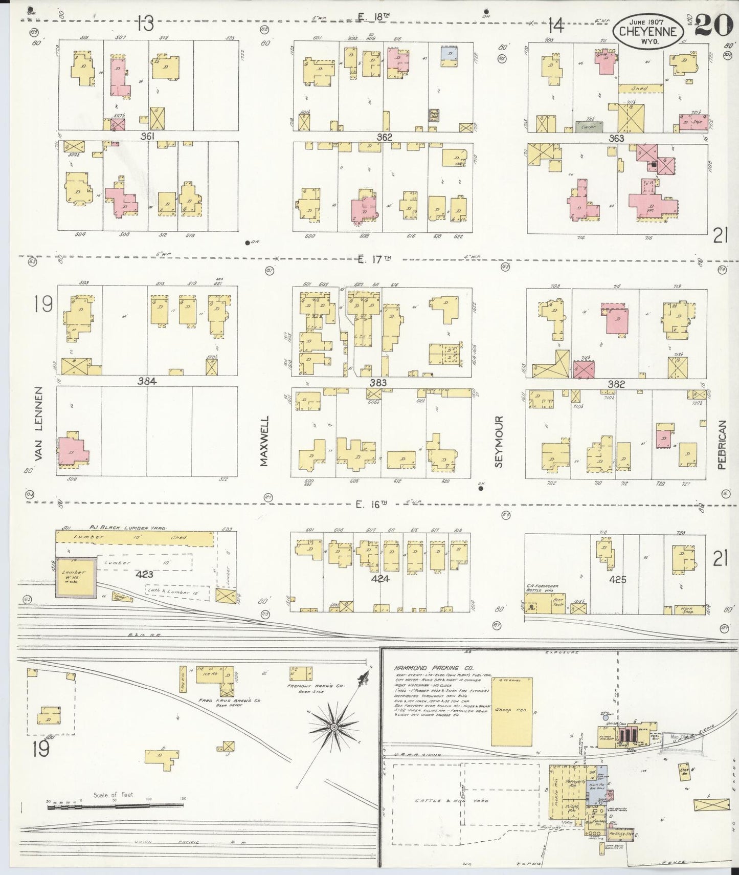 Sanborn Fire Insurance Map from Cheyenne, Laramie County, Wyoming (1907), Sheet #0020 - Complete Map Set gallery image, historic Sanborn map, vintage wall art, Wyoming Wyoming