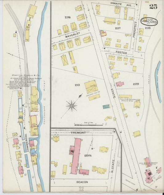 Sanborn Fire Insurance Map from Concord, Merrimack County, New Hampshire (1893), Sheet #0025 - Historic Sanborn Fire Insurance Map Print, vintage old map wall art, antique decor, genealogy gift, New Hampshire New Hampshire map