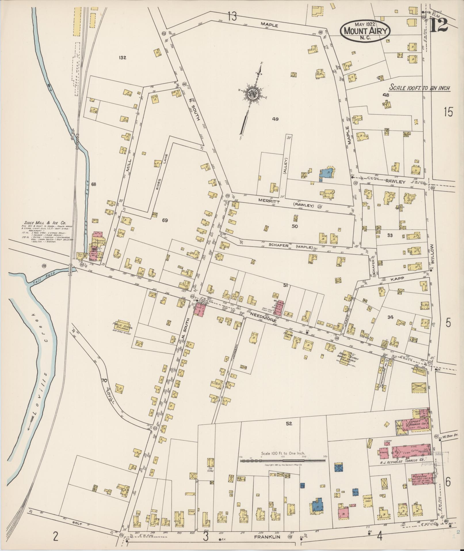 Sanborn Fire Insurance Map from Mount Airy, Surry County, North Carolina (1922), Sheet #0012 - Historic Sanborn Fire Insurance Map Print, vintage old map wall art, antique decor, genealogy gift, North Carolina North Carolina map