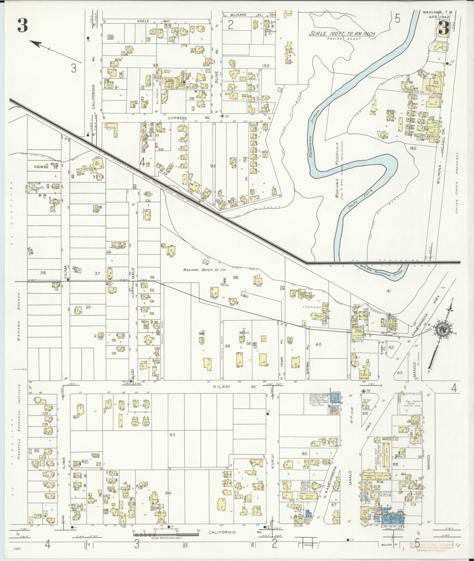 Sanborn Fire Insurance Map from Wahiawa, Honolulu County, Hawaii (1942), Sheet #0003 - Historic Sanborn Fire Insurance Map Print, vintage old map wall art, antique decor, genealogy gift, Hawaii Hawaii map