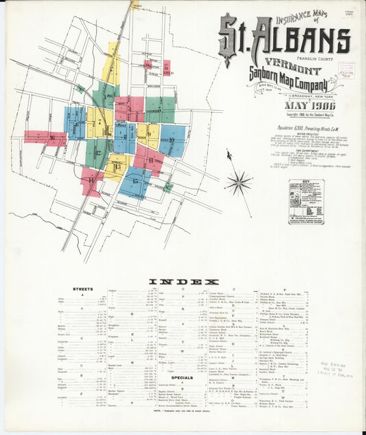 Sanborn Fire Insurance Map from Saint Albans, Franklin County, Vermont (1906), Sheet #0001 - Historic Sanborn Fire Insurance Map Print, vintage old map wall art, antique decor, genealogy gift, Vermont Vermont map