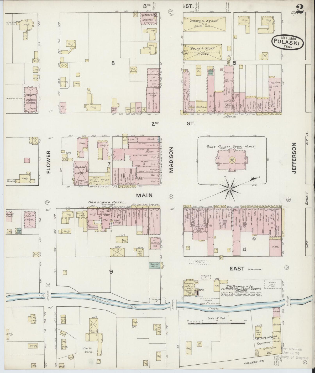 Sanborn Fire Insurance Map from Pulaski, Giles County, Tennessee (1888), Sheet #0002 - Complete Map Set gallery image, historic Sanborn map, vintage wall art, Tennessee Tennessee