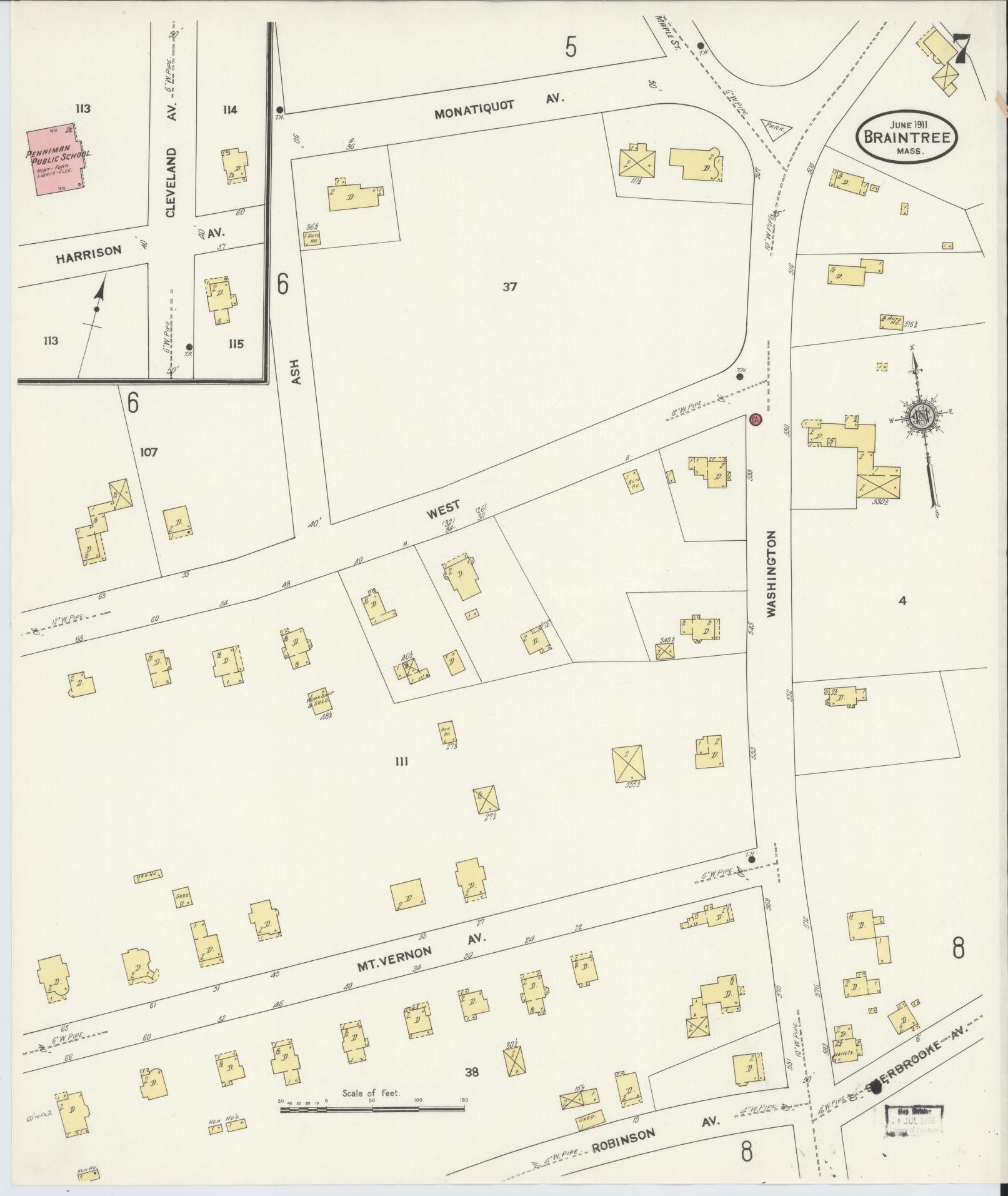Sanborn Fire Insurance Map from Braintree, Norfolk County, Massachusetts (1911), Sheet #0007 - Complete Map Set gallery image, historic Sanborn map, vintage wall art, Massachusetts Massachusetts