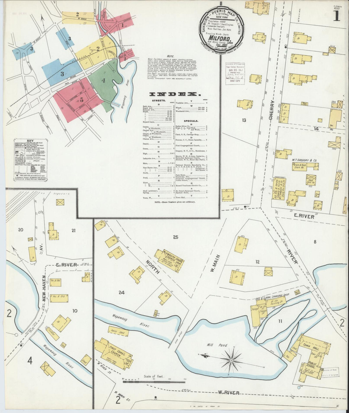 Sanborn Fire Insurance Map from Milford, New Haven County, Connecticut (1900), Sheet #0001 - Historic Sanborn Fire Insurance Map Print, vintage old map wall art, antique decor, genealogy gift, Connecticut Connecticut map