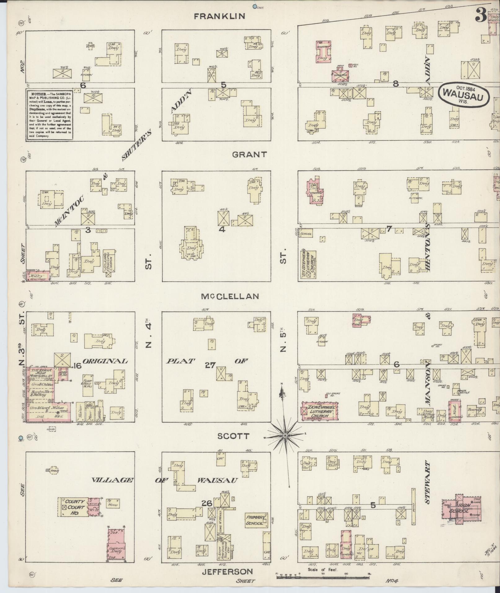 Sanborn Fire Insurance Map from Wausau, Marathon County, Wisconsin (1884), Sheet #0003 - Complete Map Set gallery image, historic Sanborn map, vintage wall art, Wisconsin Wisconsin