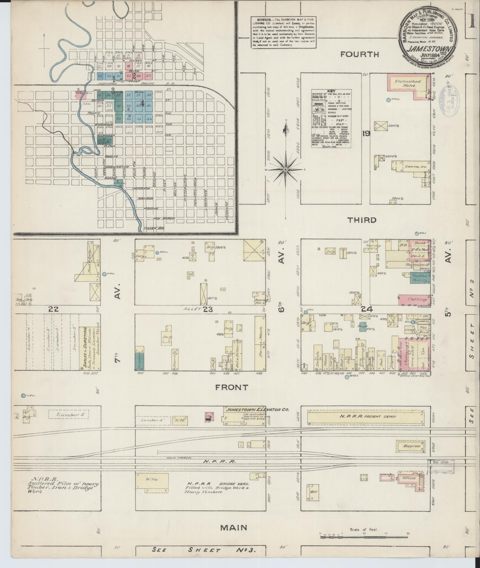 Sanborn Fire Insurance Map from Jamestown, Stutsman County, North Dakota (1884), Sheet #0001 - Historic Sanborn Fire Insurance Map Print, vintage old map wall art, antique decor, genealogy gift, North Dakota North Dakota map