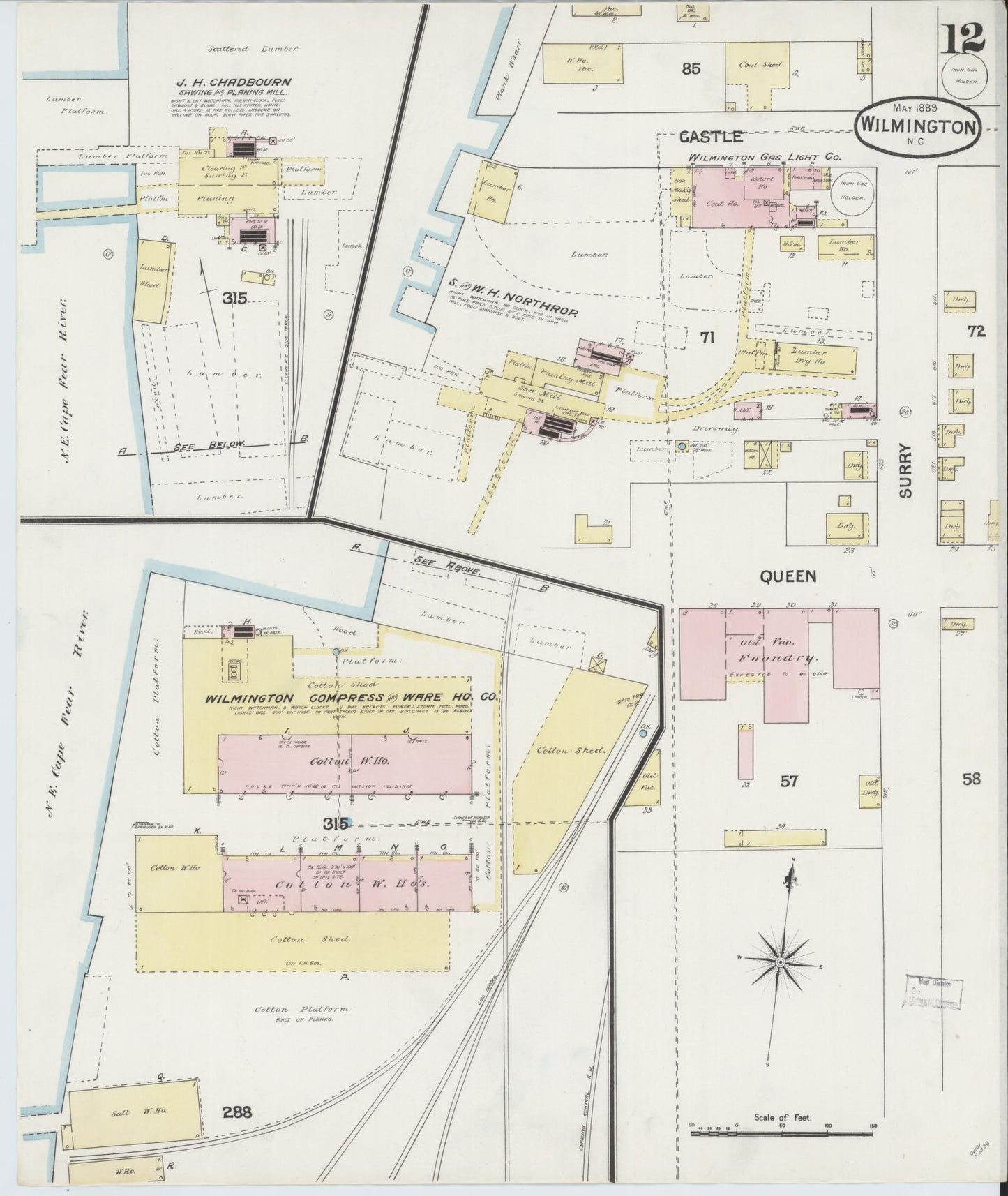 Sanborn Fire Insurance Map from Wilmington, New Hanover County, North Carolina (1889), Sheet #0012 - Complete Map Set gallery image, historic Sanborn map, vintage wall art, North Carolina North Carolina