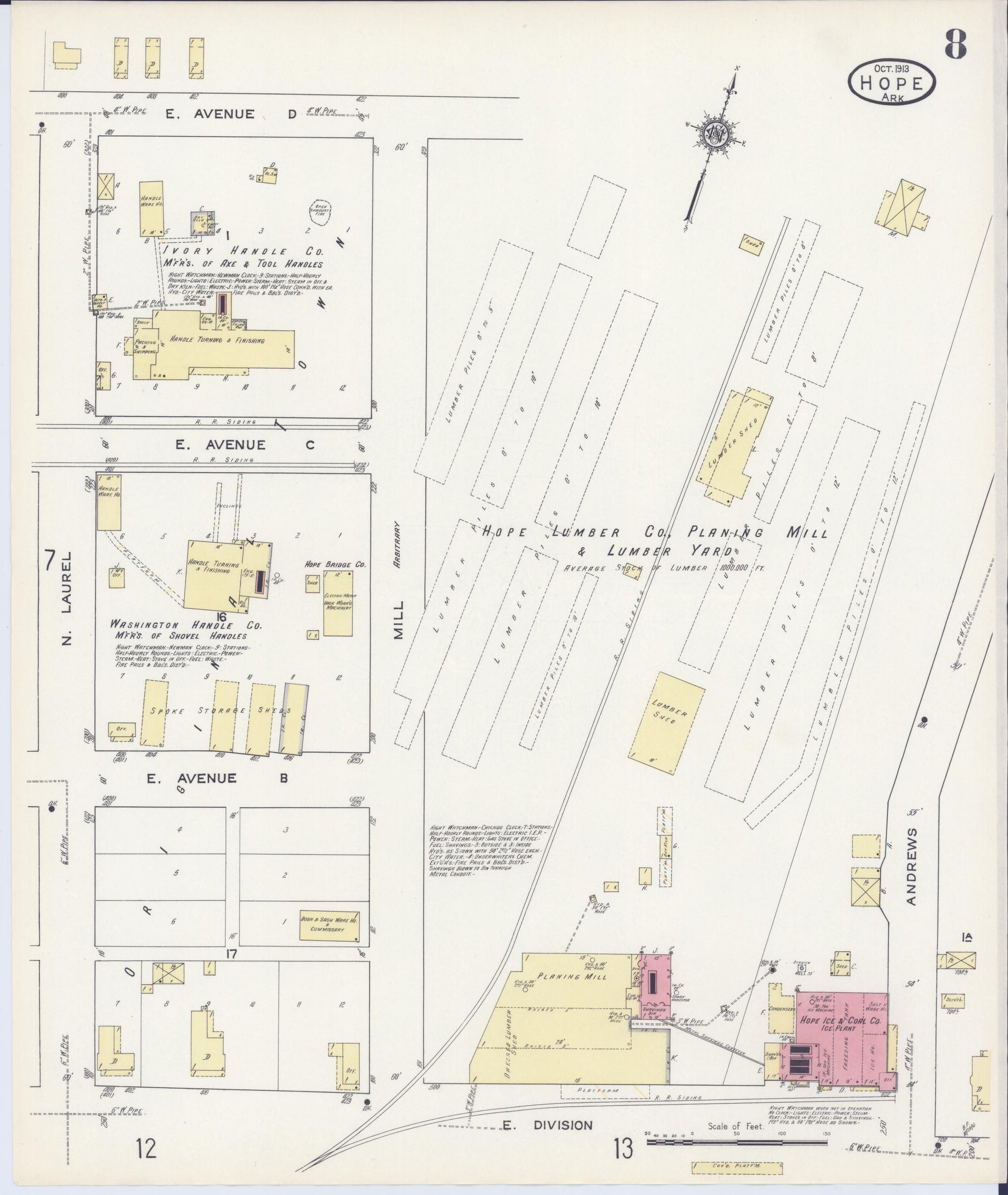 Sanborn Fire Insurance Map from Hope, Hempstead County, Arkansas (1913), Sheet #0008 - Historic Sanborn Fire Insurance Map Print, vintage old map wall art, antique decor, genealogy gift, Arkansas Arkansas map