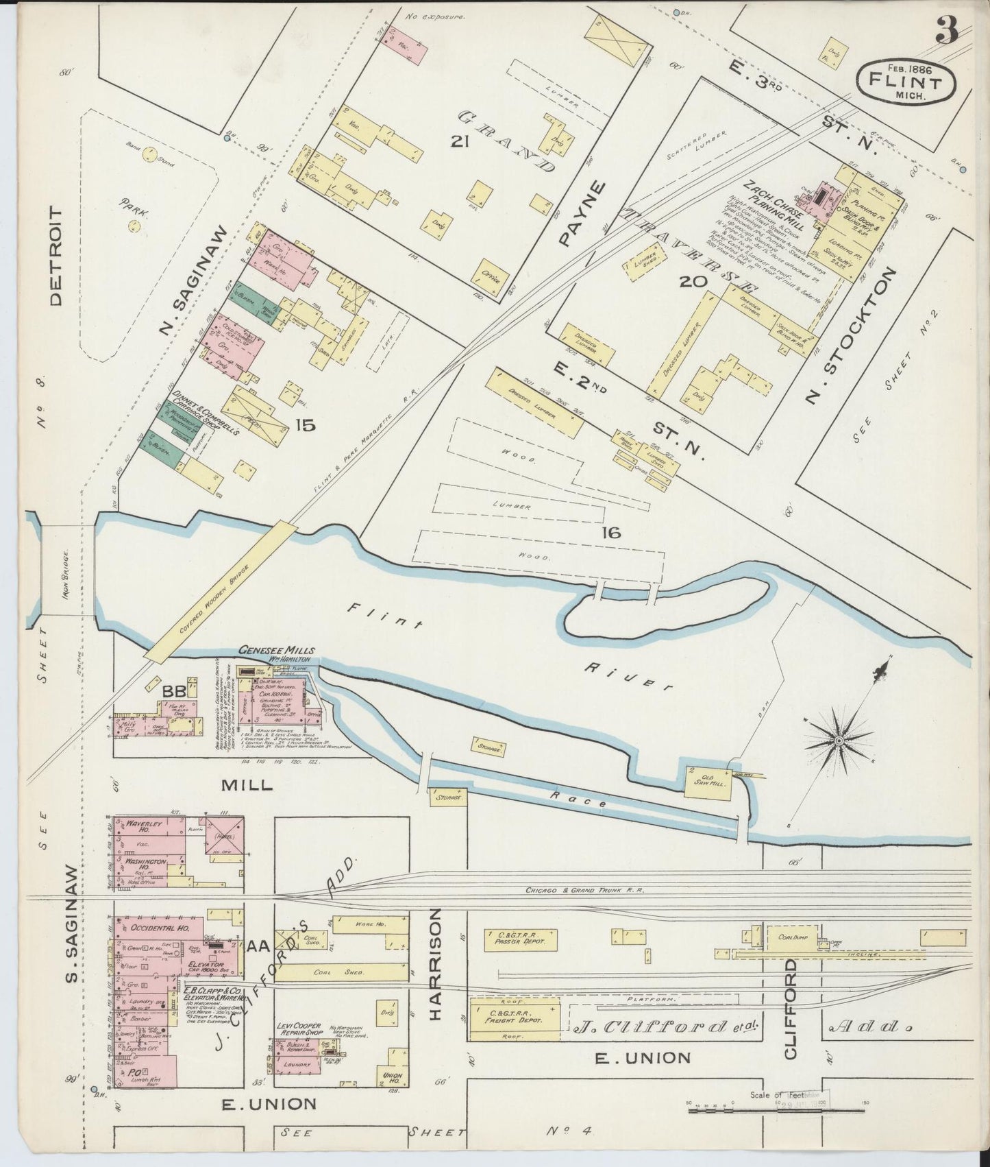 Sanborn Fire Insurance Map from Flint, Genesee County, Michigan (1886), Sheet #0003 - Historic Sanborn Fire Insurance Map Print, vintage old map wall art, antique decor, genealogy gift, Michigan Michigan map