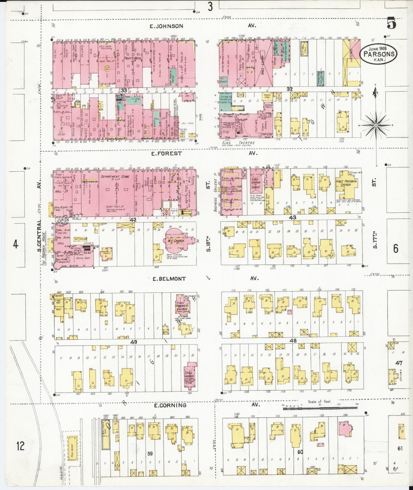 Sanborn Fire Insurance Map from Parsons, Labette County, Kansas (1905), Sheet #0005 - Complete Map Set gallery image, historic Sanborn map, vintage wall art, Kansas Kansas
