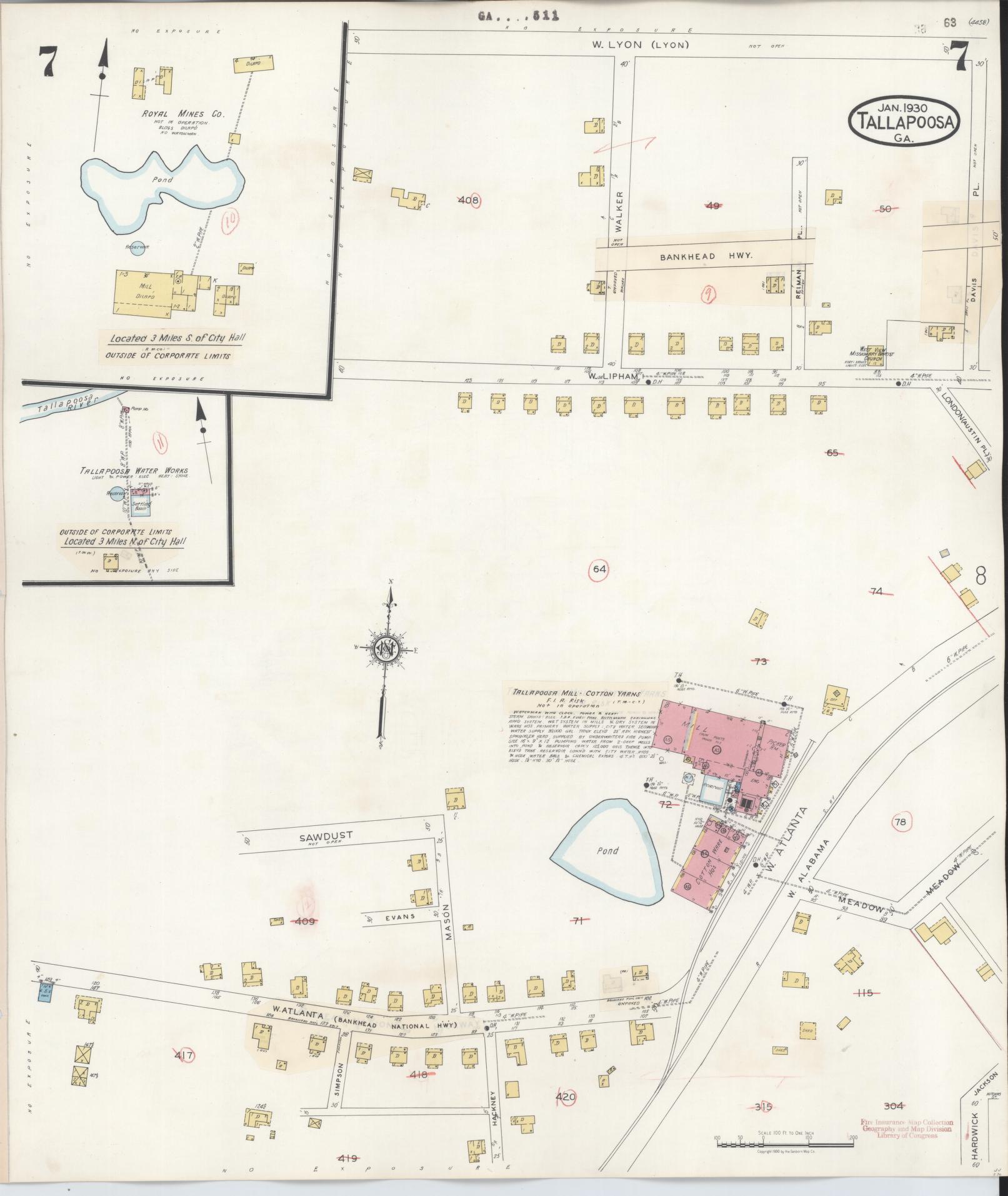 Sanborn Fire Insurance Map from Tallapoosa, Haralson County, Georgia (1939), Sheet #0007 - Historic Sanborn Fire Insurance Map Print, vintage old map wall art, antique decor, genealogy gift, Georgia Georgia map