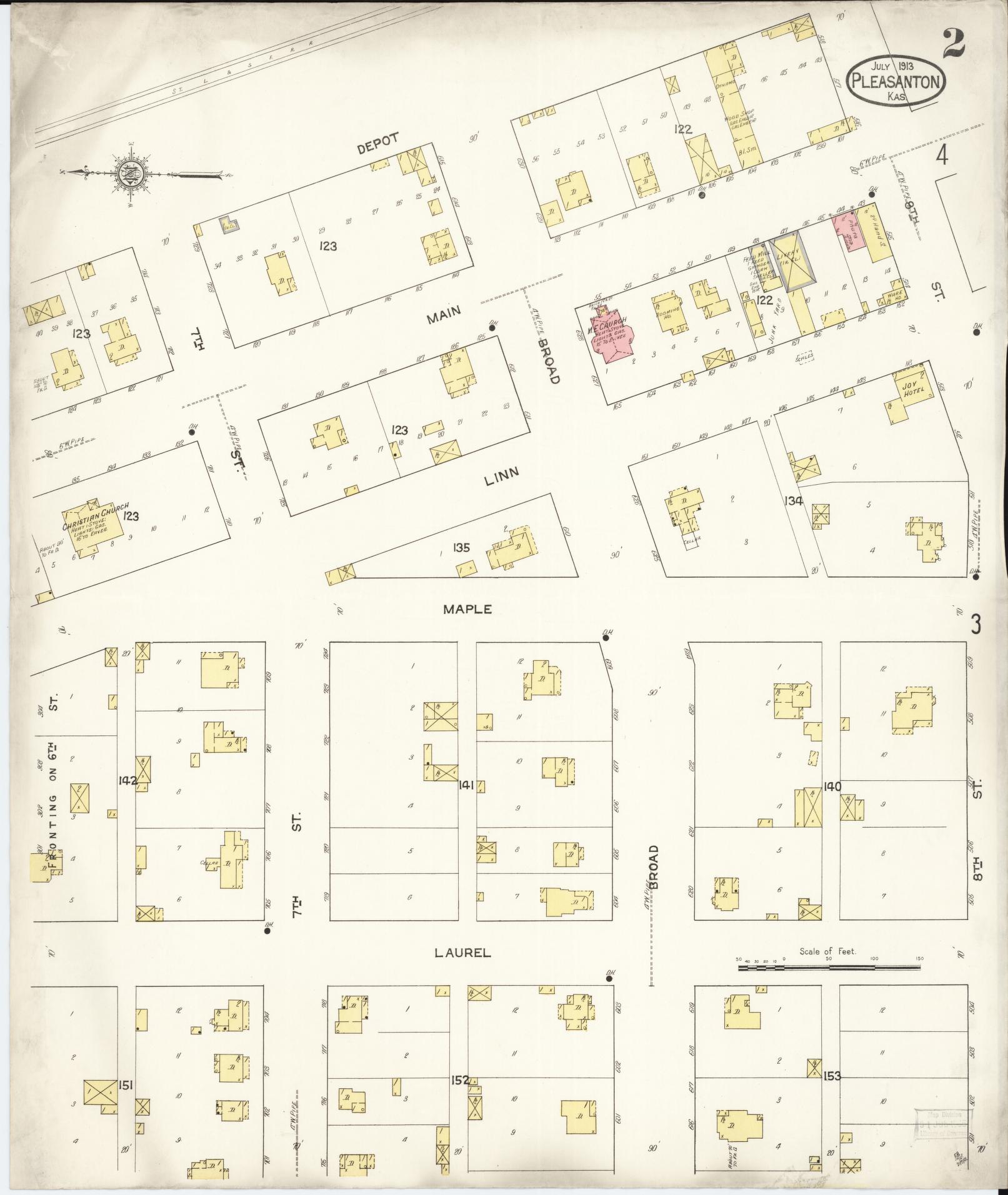 Sanborn Fire Insurance Map from Pleasanton, Linn County, Kansas (1913), Sheet #0002 - Complete Map Set gallery image, historic Sanborn map, vintage wall art, Kansas Kansas