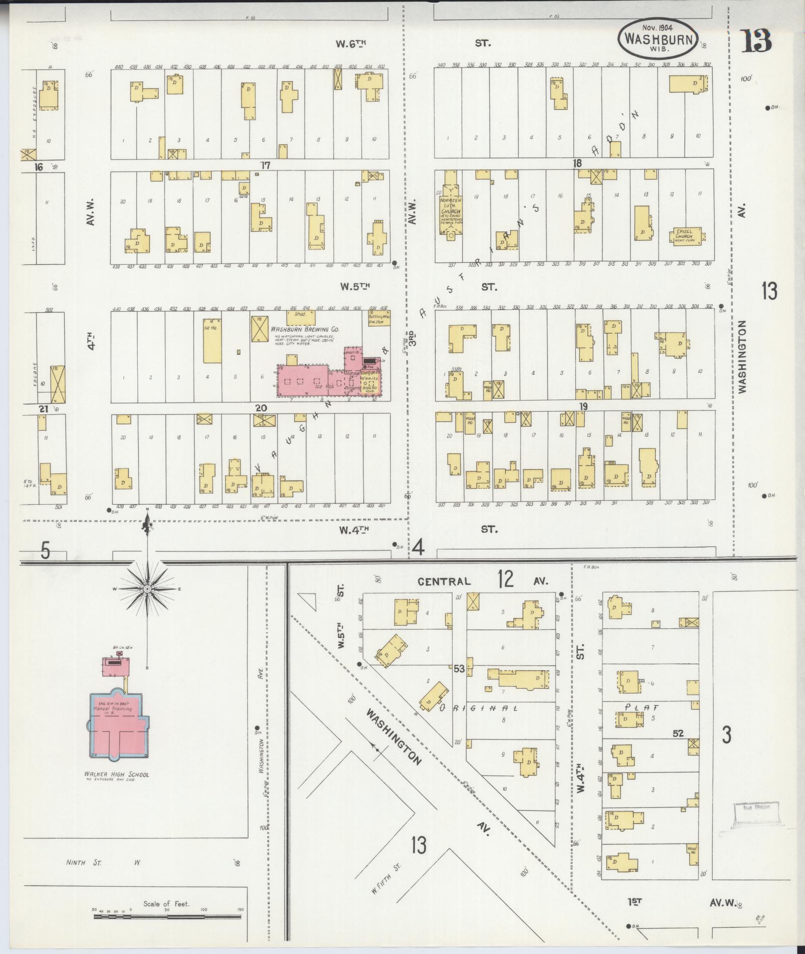 Sanborn Fire Insurance Map from Washburn, Bayfield County, Wisconsin (1904), Sheet #0013 - Historic Sanborn Fire Insurance Map Print, vintage old map wall art, antique decor, genealogy gift, Wisconsin Wisconsin map