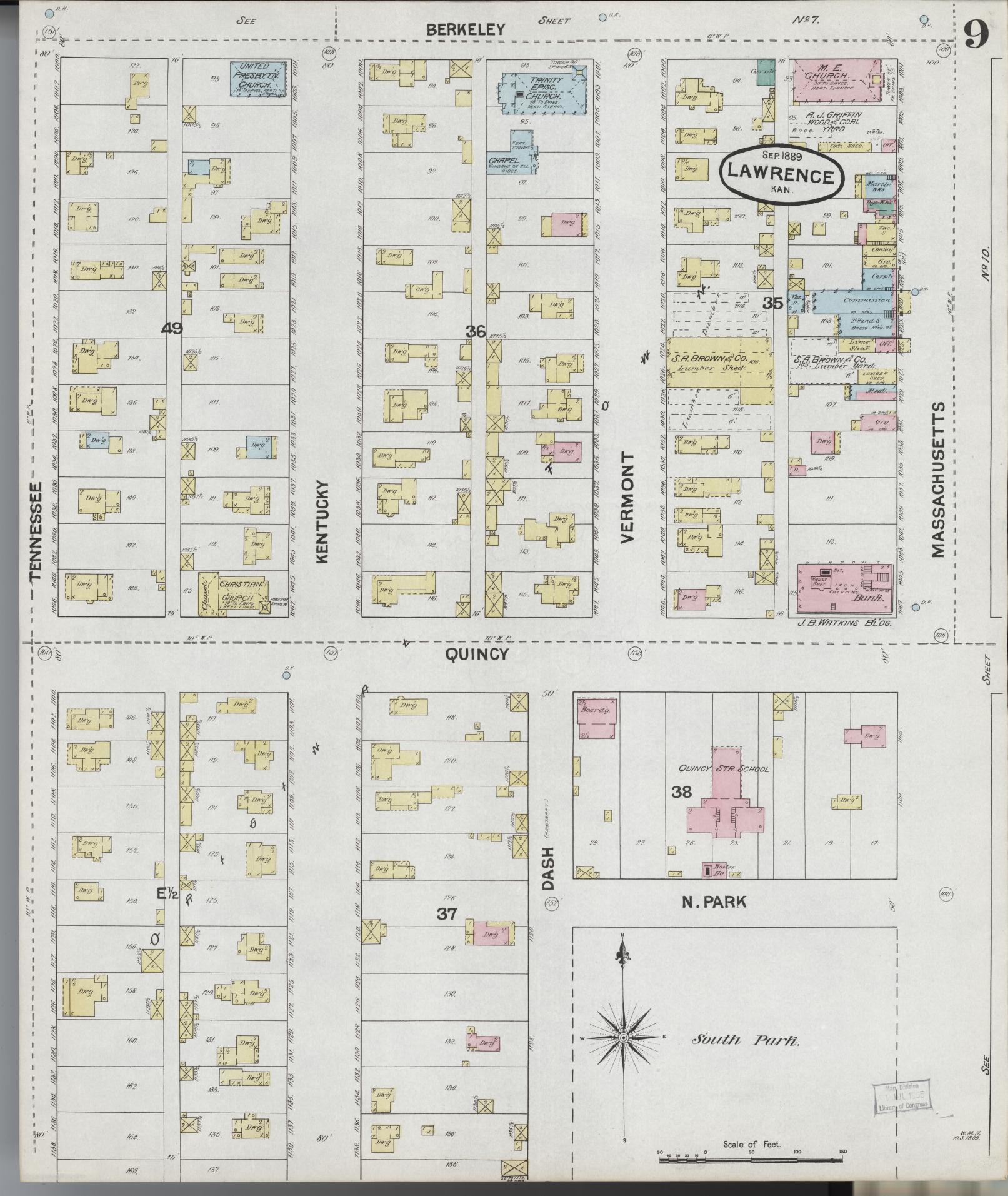 Sanborn Fire Insurance Map from Lawrence, Douglas County, Kansas (1889), Sheet #0009 - Complete Map Set gallery image, historic Sanborn map, vintage wall art, Kansas Kansas