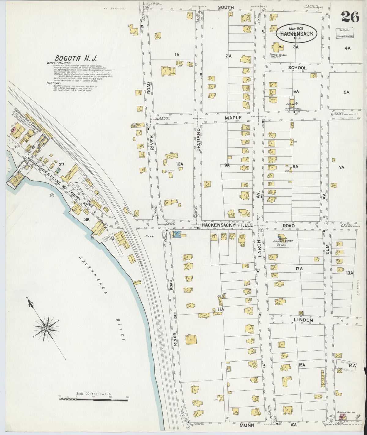 Sanborn Fire Insurance Map from Hackensack, Bergen County, New Jersey (1908), Sheet #0026 - Complete Map Set gallery image, historic Sanborn map, vintage wall art, New Jersey New Jersey