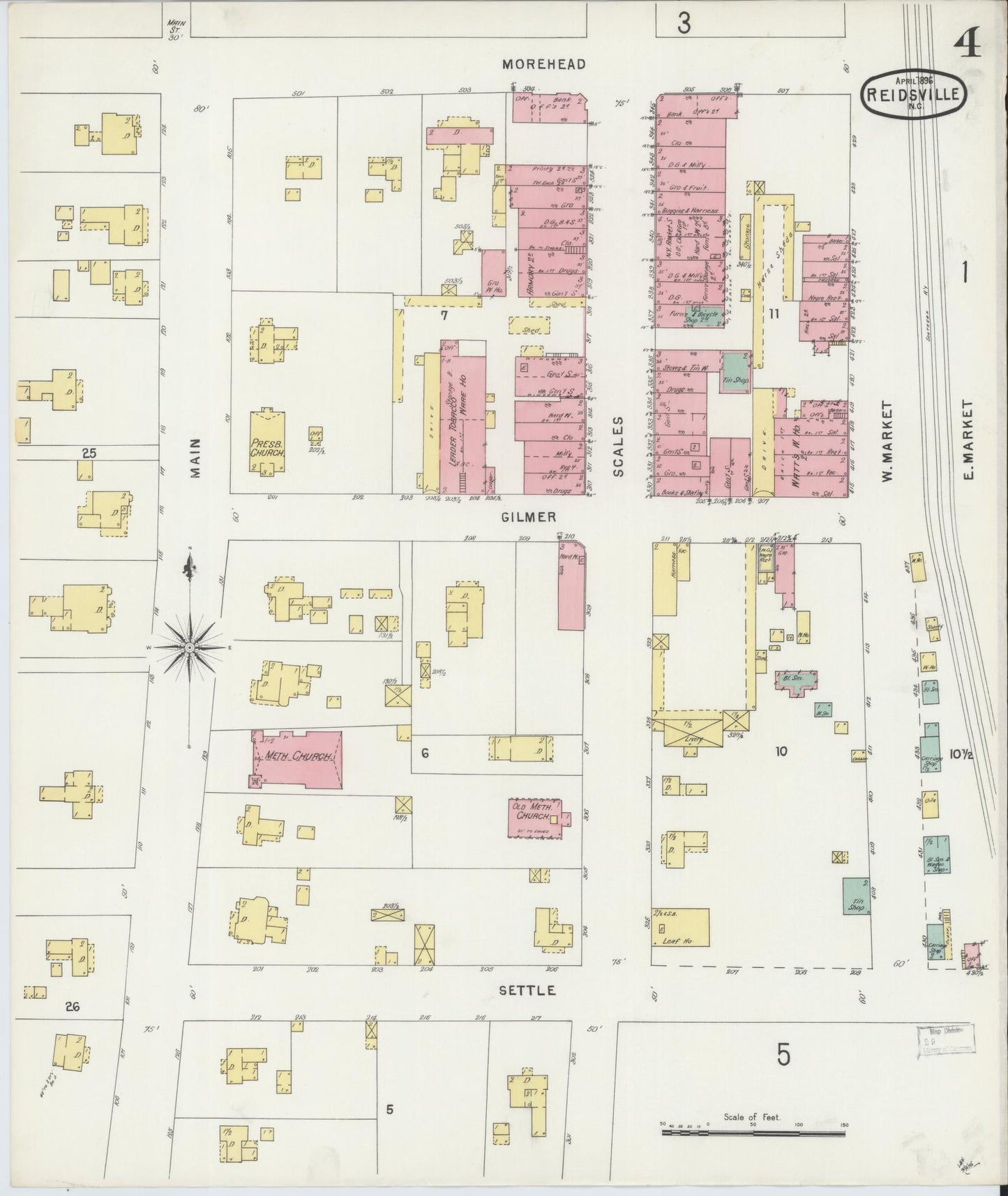 Sanborn Fire Insurance Map from Reidsville, Rockingham County, North Carolina (1896), Sheet #0004 - Historic Sanborn Fire Insurance Map Print, vintage old map wall art, antique decor, genealogy gift, North Carolina North Carolina map
