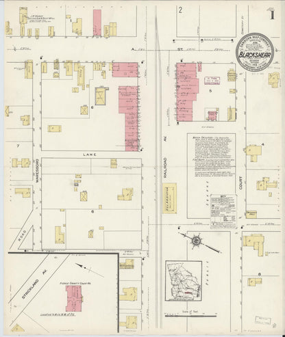 Sanborn Fire Insurance Map from Blackshear, Pierce County, Georgia (1913), Sheet #0001 - Complete Map Set gallery image, historic Sanborn map, vintage wall art, Georgia Georgia