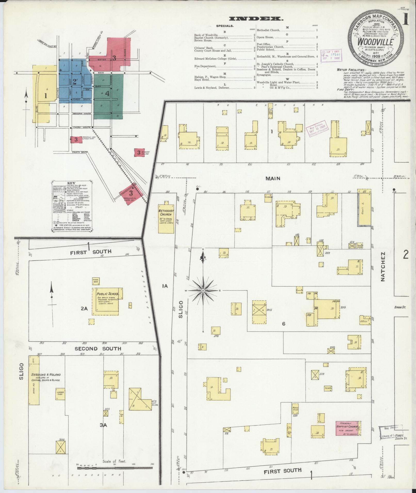 Sanborn Fire Insurance Map from Woodville, Wilkinson County, Mississippi (1909), Sheet #0001 - Complete Map Set gallery image, historic Sanborn map, vintage wall art, Mississippi Mississippi
