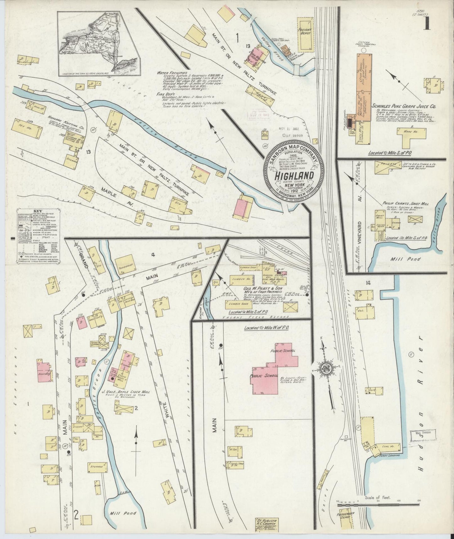 Sanborn Fire Insurance Map from Highland, Ulster County, New York (1912), Sheet #0001 - Complete Map Set gallery image, historic Sanborn map, vintage wall art, New York New York