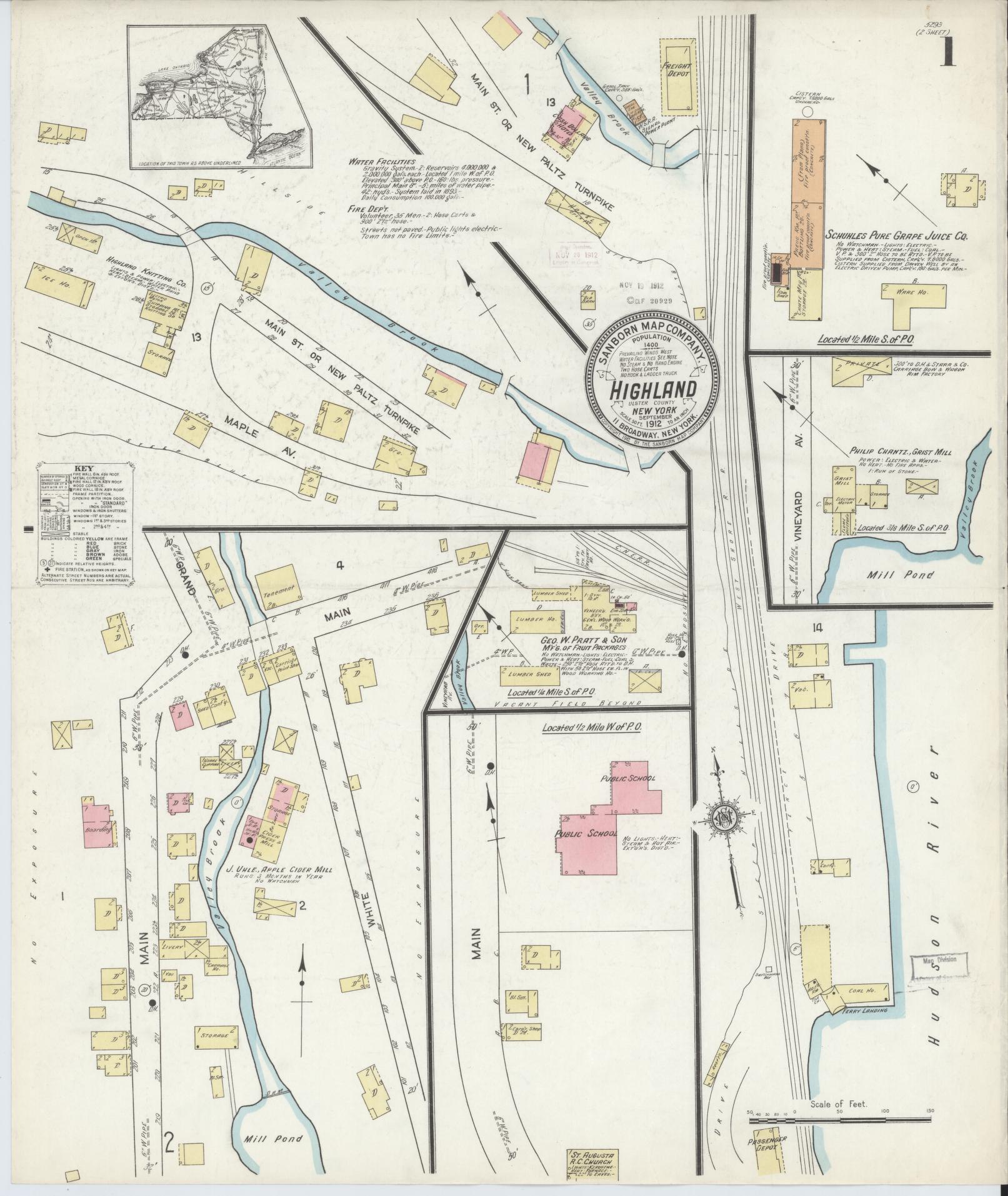 Sanborn Fire Insurance Map from Highland, Ulster County, New York (1912), Sheet #0001 - Complete Map Set gallery image, historic Sanborn map, vintage wall art, New York New York