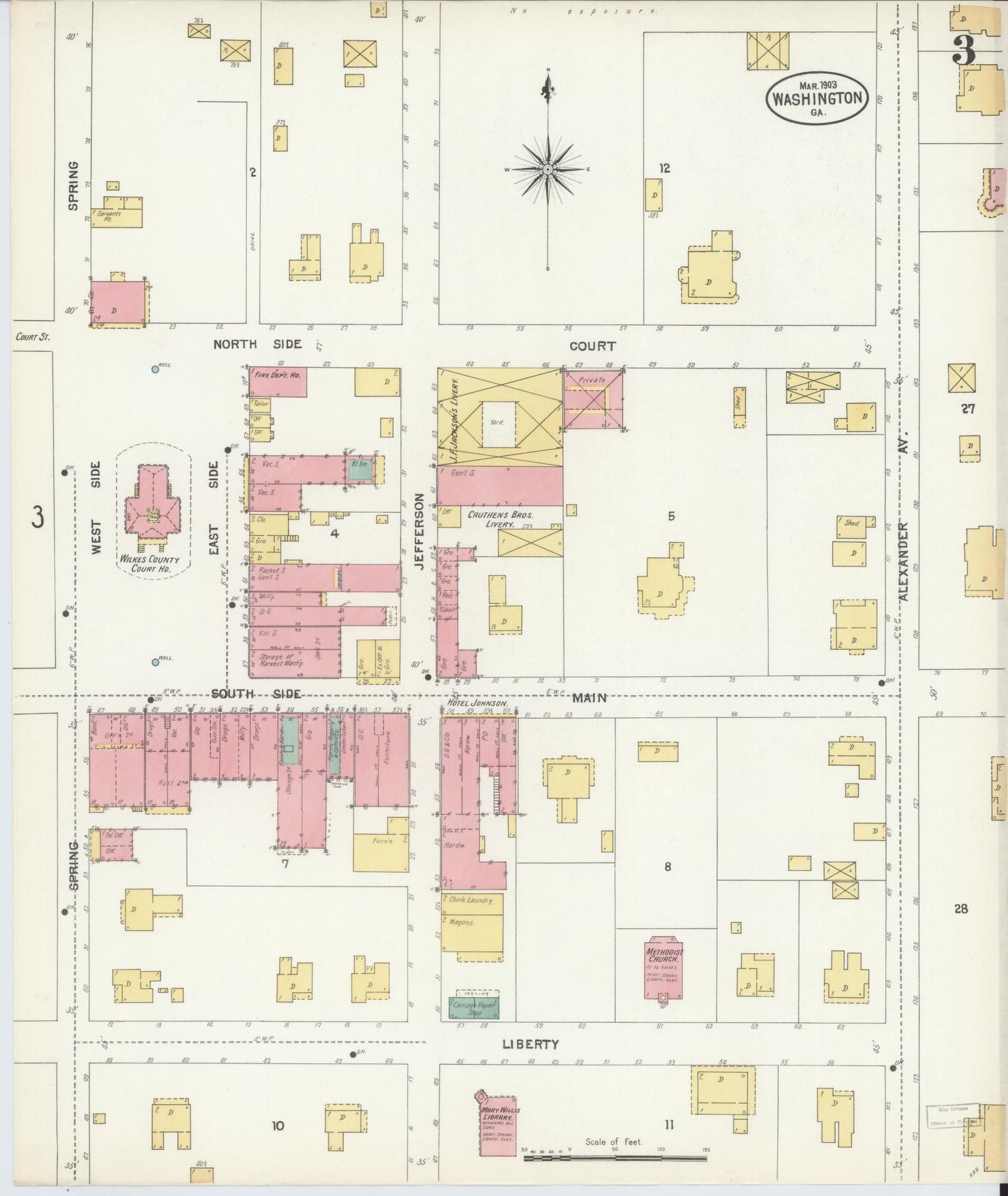 Sanborn Fire Insurance Map from Washington, Wilkes County, Georgia (1903), Sheet #0003 - Historic Sanborn Fire Insurance Map Print, vintage old map wall art, antique decor, genealogy gift, Georgia Georgia map
