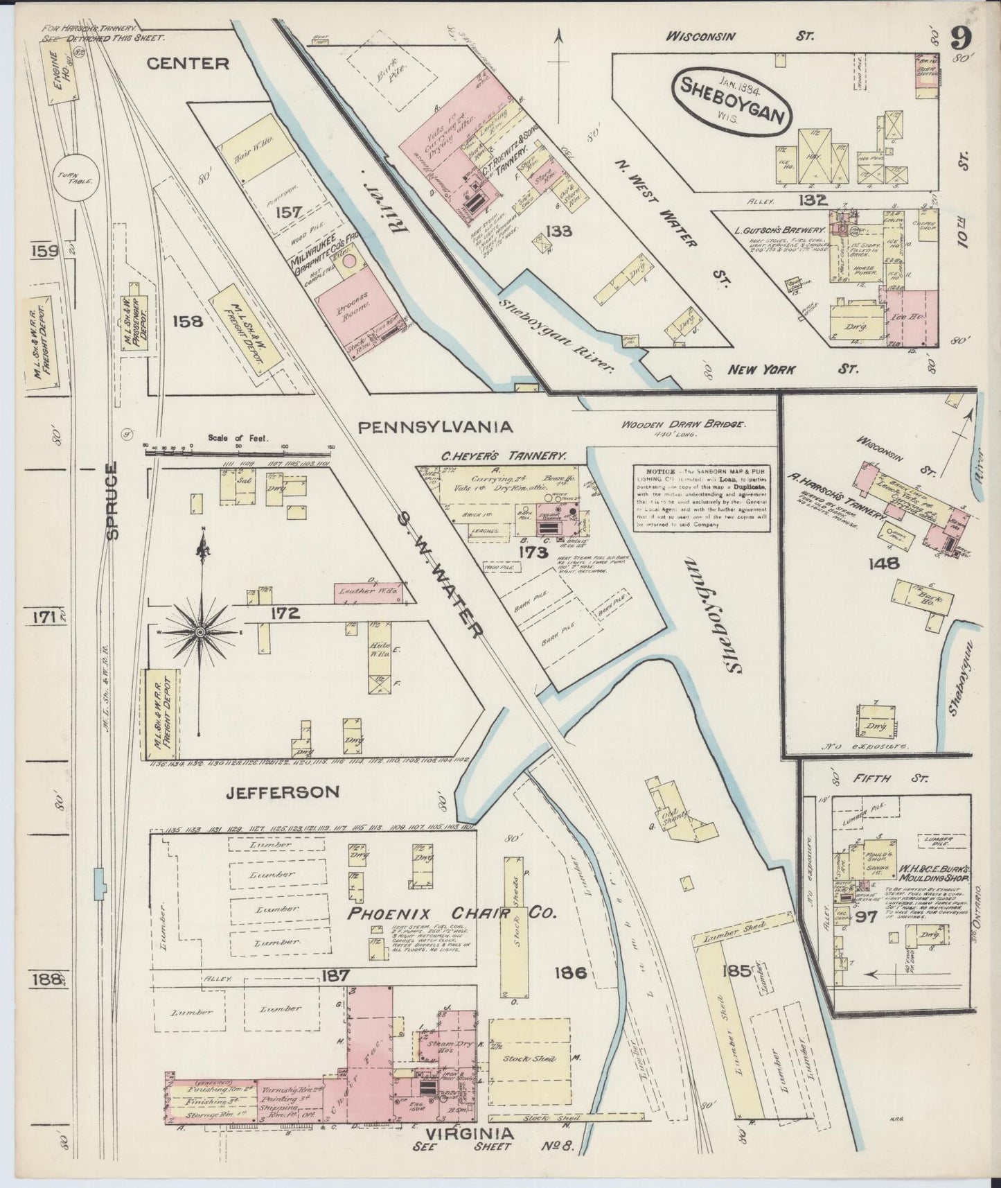 Sanborn Fire Insurance Map from Sheboygan, Sheboygan County, Wisconsin (1884), Sheet #0009 - Complete Map Set gallery image, historic Sanborn map, vintage wall art, Wisconsin Wisconsin