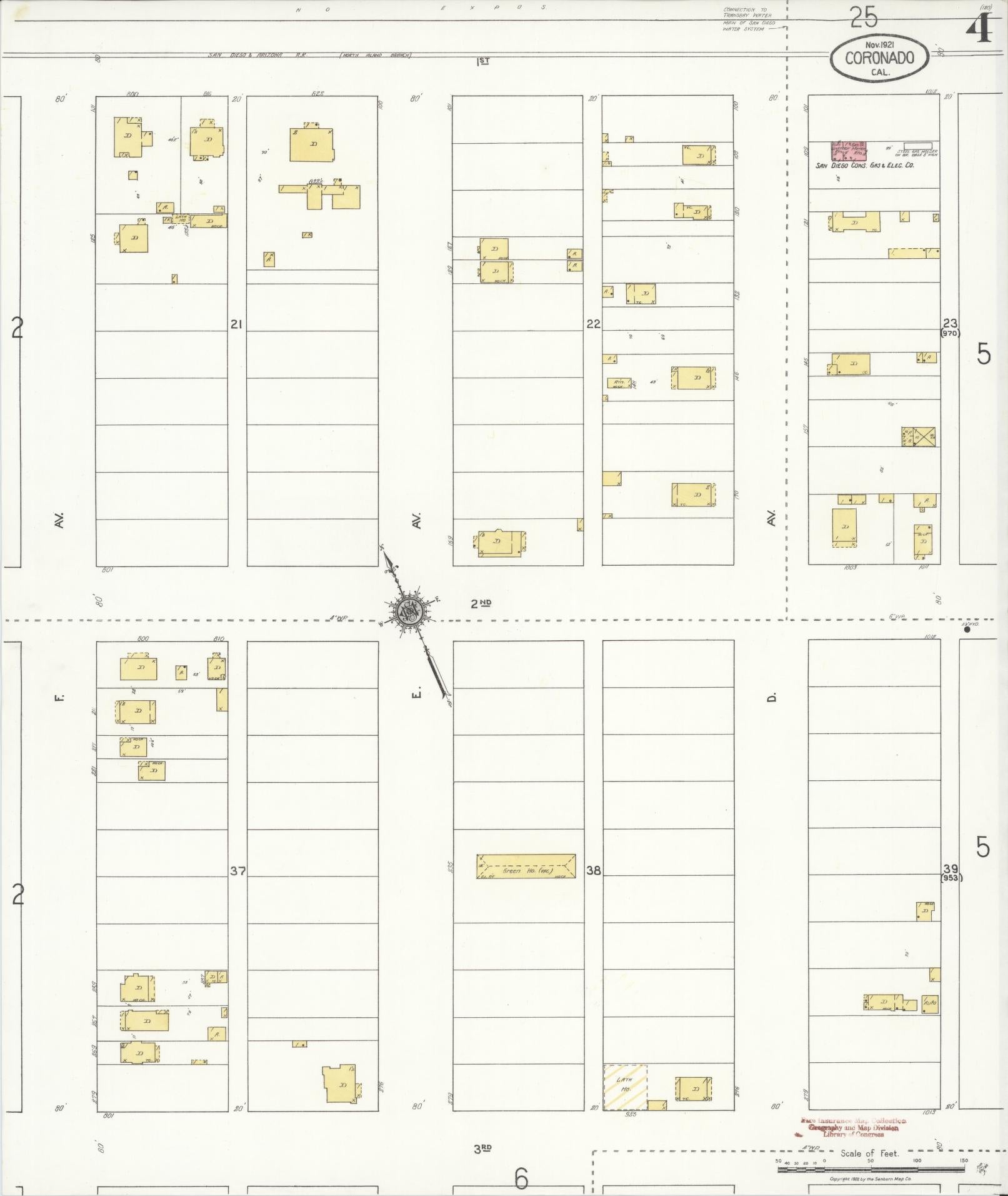 Sanborn Fire Insurance Map from Coronado, San Diego County, California (1921), Sheet #0004 - Complete Map Set gallery image, historic Sanborn map, vintage wall art, California California