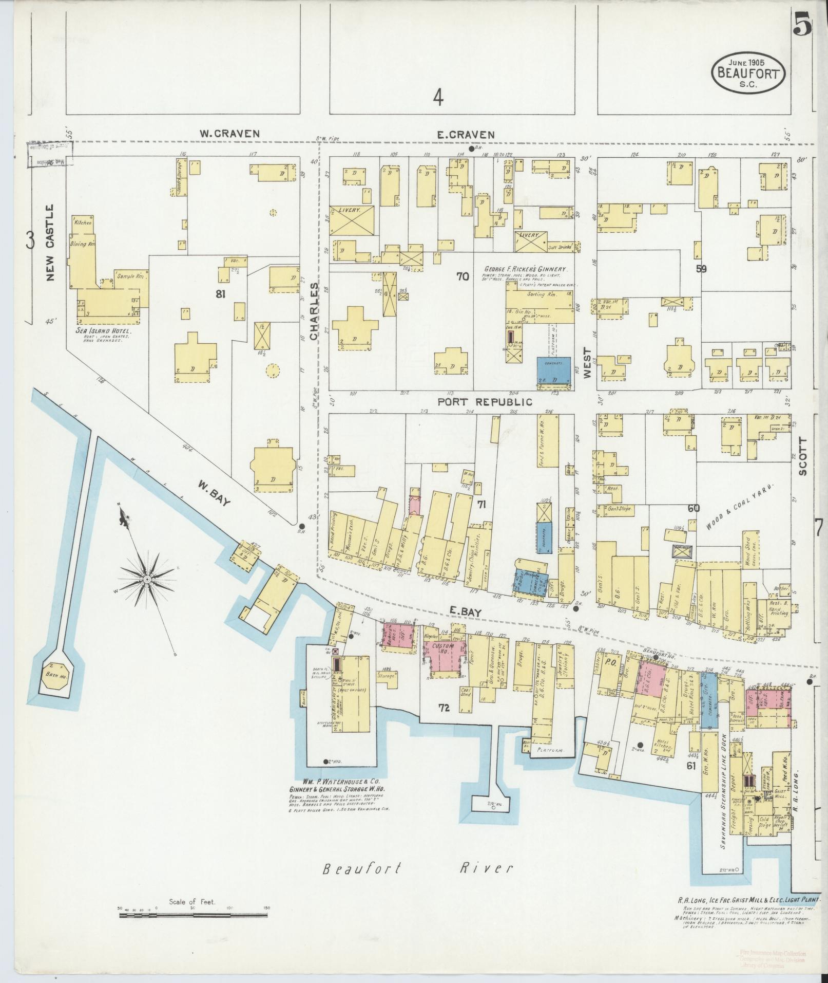 Sanborn Fire Insurance Map from Beaufort, Beaufort County, South Carolina (1905), Sheet #0005 - Historic Sanborn Fire Insurance Map Print, vintage old map wall art, antique decor, genealogy gift, South Carolina South Carolina map
