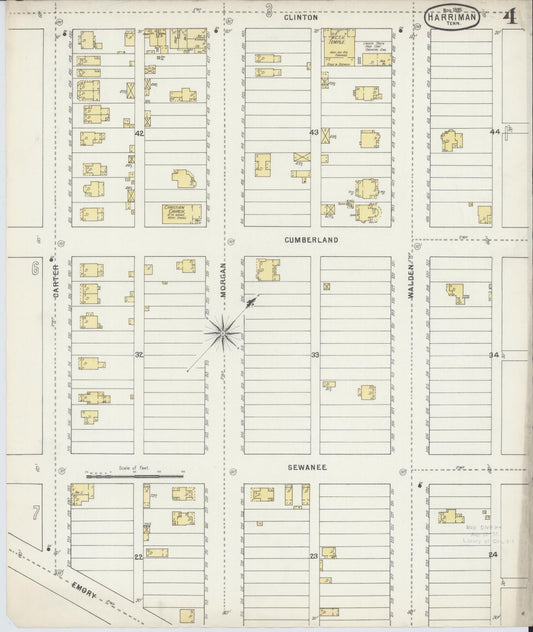 Sanborn Fire Insurance Map from Harriman, Roane County, Tennessee (1895), Sheet #0004 - Historic Sanborn Fire Insurance Map Print, vintage old map wall art, antique decor, genealogy gift, Tennessee Tennessee map