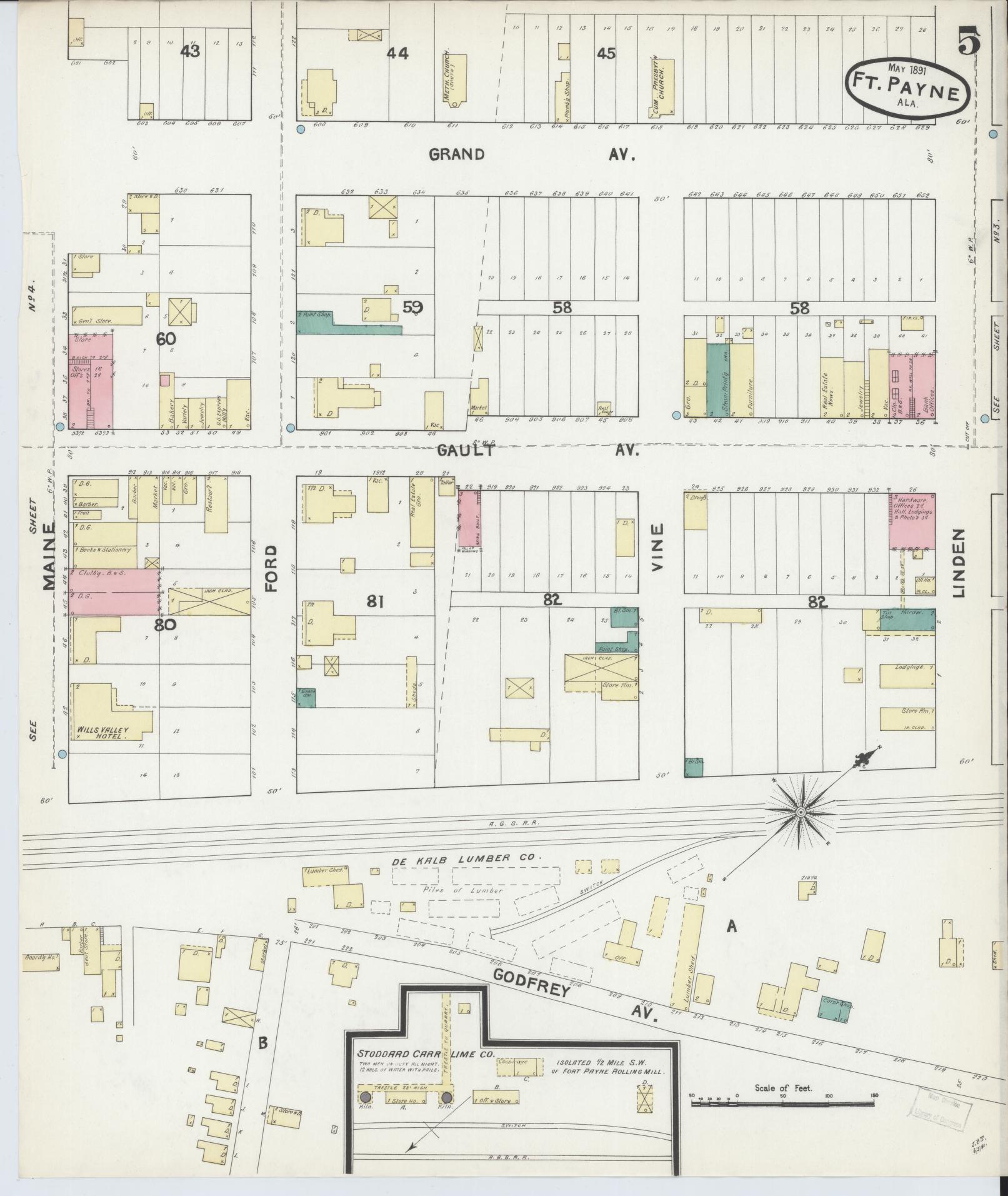 Sanborn Fire Insurance Map from Fort Payne, Dekalb County, Alabama (1891), Sheet #0005 - Historic Sanborn Fire Insurance Map Print, vintage old map wall art, antique decor, genealogy gift, Alabama Alabama map