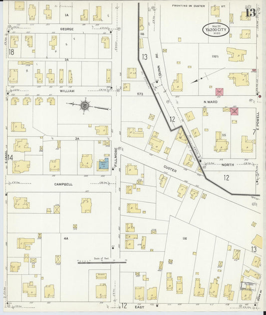 Sanborn Fire Insurance Map from Yazoo City, Yazoo County, Mississippi (1911), Sheet #0013 - Historic Sanborn Fire Insurance Map Print, vintage old map wall art, antique decor, genealogy gift, Mississippi Mississippi map