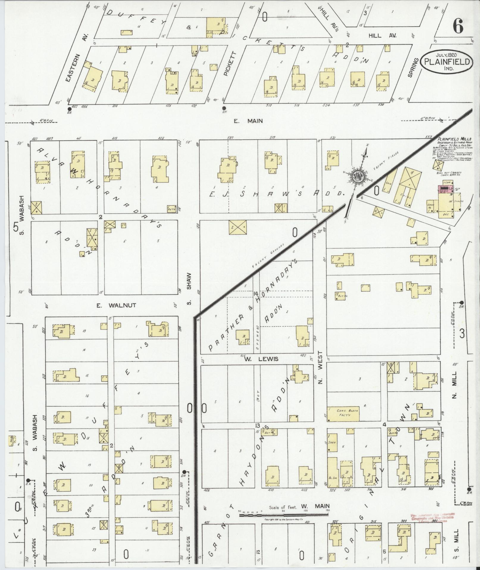 Sanborn Fire Insurance Map from Plainfield, Hendricks County, Indiana (1920), Sheet #0006 - Historic Sanborn Fire Insurance Map Print, vintage old map wall art, antique decor, genealogy gift, Indiana Indiana map