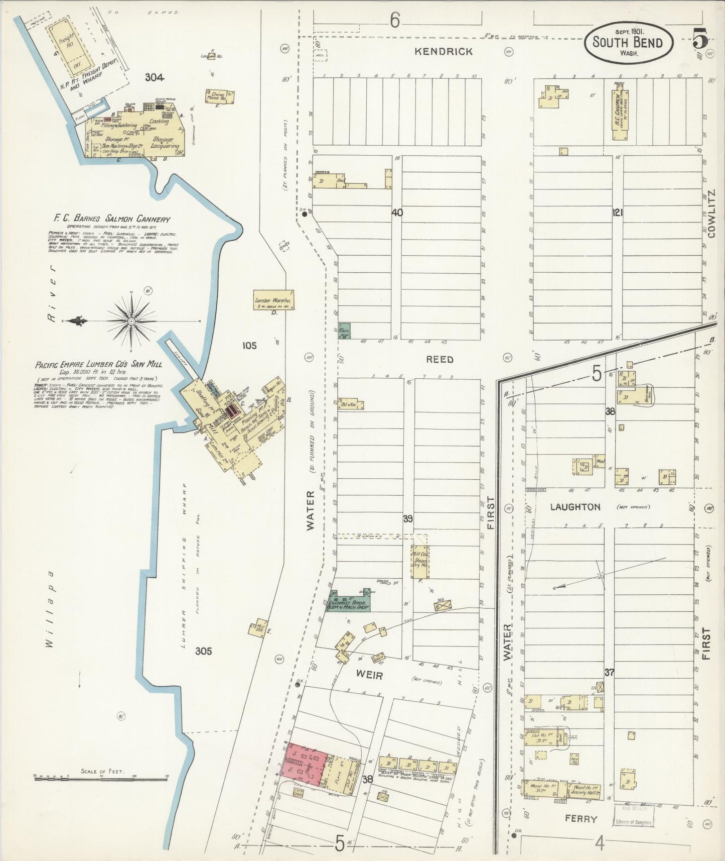 Sanborn Fire Insurance Map from South Bend, Pacific County, Washington (1901), Sheet #0005 - Historic Sanborn Fire Insurance Map Print, vintage old map wall art, antique decor, genealogy gift, Washington Washington map