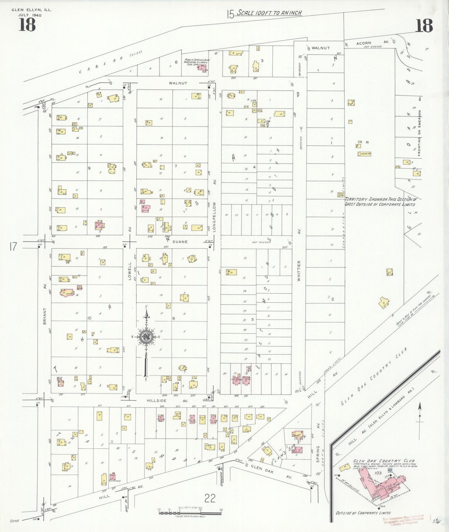 Sanborn Fire Insurance Map from Glen Ellyn, Du Page County, Illinois (1940), Sheet #0018 - Historic Sanborn Fire Insurance Map Print, vintage old map wall art, antique decor, genealogy gift, Illinois Illinois map
