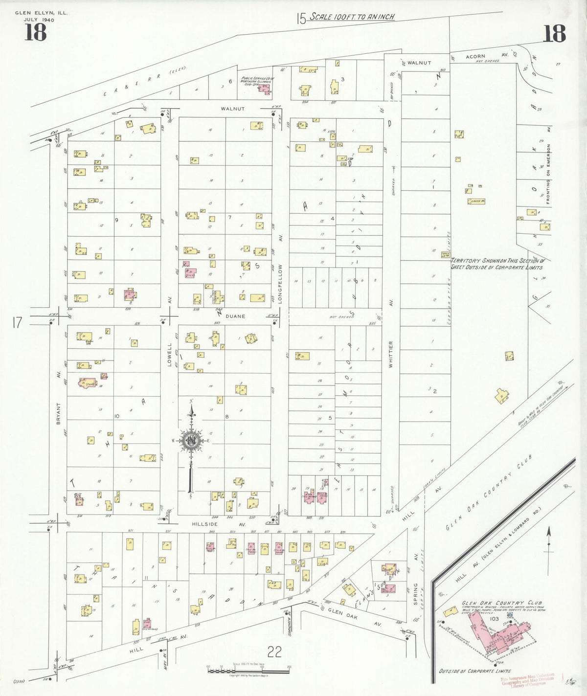 Sanborn Fire Insurance Map from Glen Ellyn, Du Page County, Illinois (1940), Sheet #0018 - Historic Sanborn Fire Insurance Map Print, vintage old map wall art, antique decor, genealogy gift, Illinois Illinois map