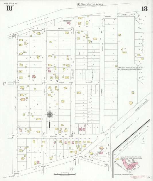 Sanborn Fire Insurance Map from Glen Ellyn, Du Page County, Illinois (1940), Sheet #0018 - Historic Sanborn Fire Insurance Map Print, vintage old map wall art, antique decor, genealogy gift, Illinois Illinois map