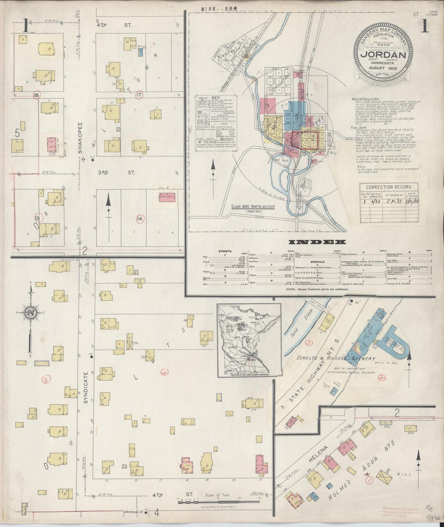 Sanborn Fire Insurance Map from Jordan, Scott County, Minnesota (1933), Sheet #0001 - Historic Sanborn Fire Insurance Map Print, vintage old map wall art, antique decor, genealogy gift, Minnesota Minnesota map