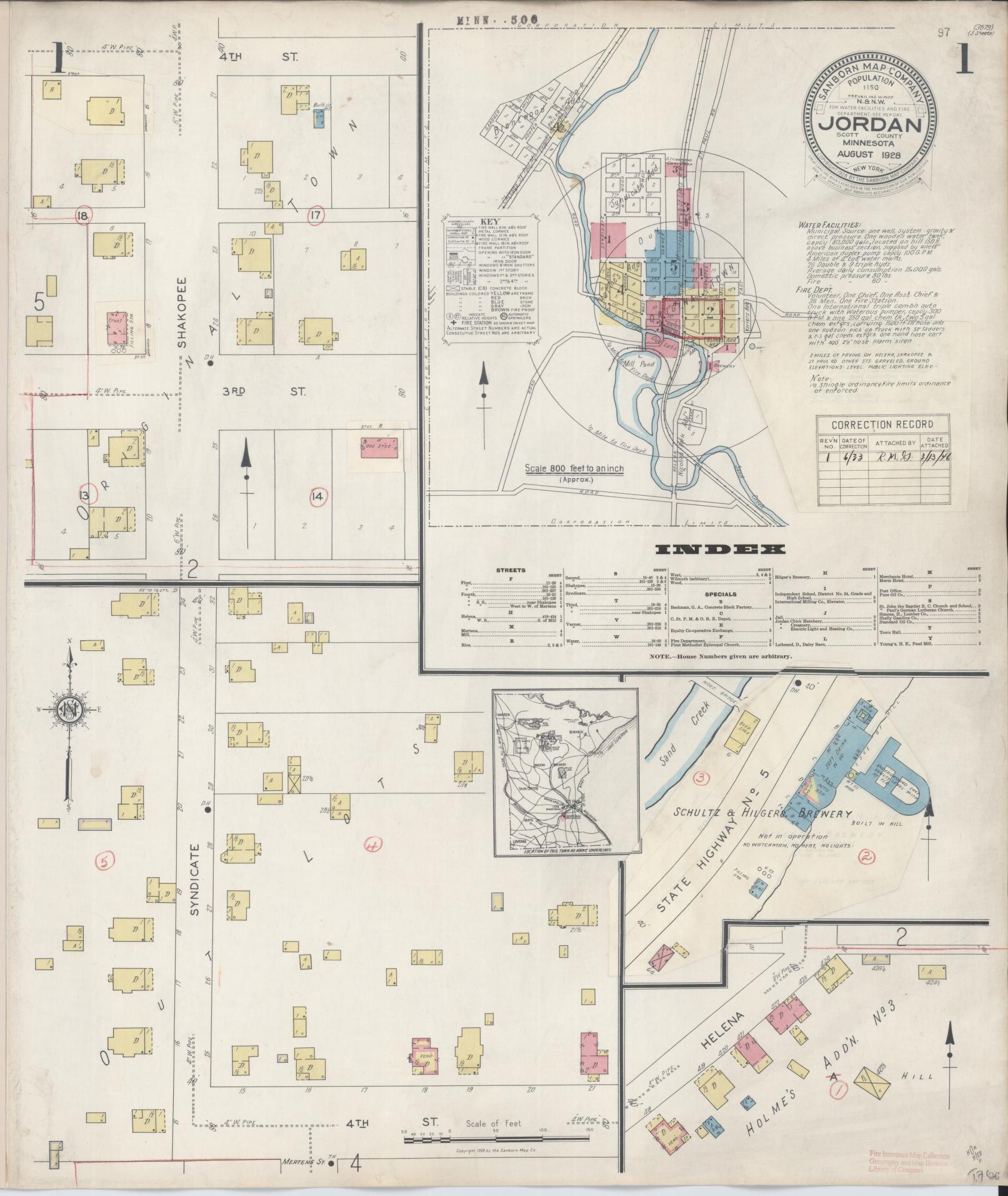 Sanborn Fire Insurance Map from Jordan, Scott County, Minnesota (1933), Sheet #0001 - Historic Sanborn Fire Insurance Map Print, vintage old map wall art, antique decor, genealogy gift, Minnesota Minnesota map