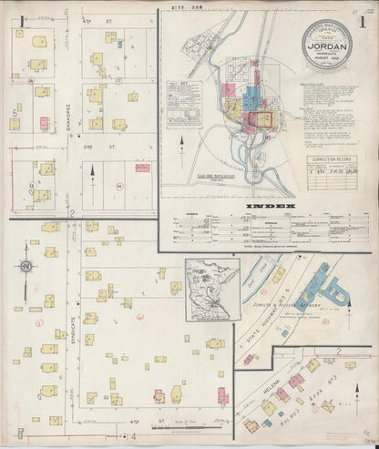 Sanborn Fire Insurance Map from Jordan, Scott County, Minnesota (1933), Sheet #0001 - Historic Sanborn Fire Insurance Map Print, vintage old map wall art, antique decor, genealogy gift, Minnesota Minnesota map