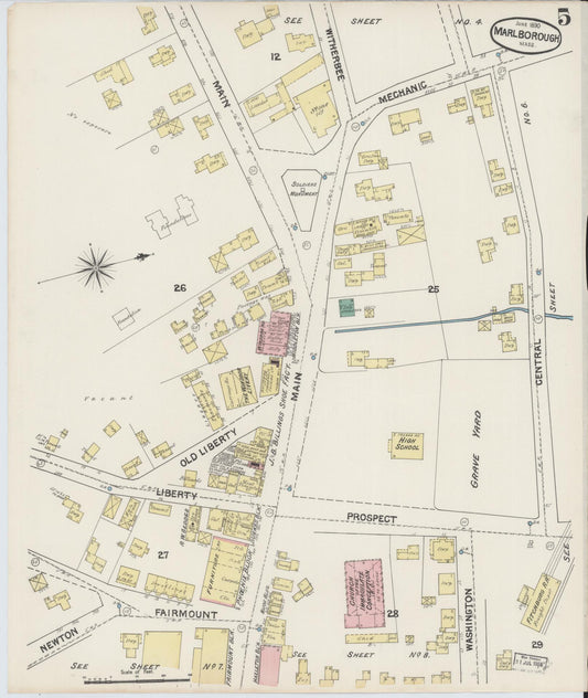 Sanborn Fire Insurance Map from Marlborough, Middlesex County, Massachusetts (1890), Sheet #0005 - Historic Sanborn Fire Insurance Map Print, vintage old map wall art, antique decor, genealogy gift, Massachusetts Massachusetts map