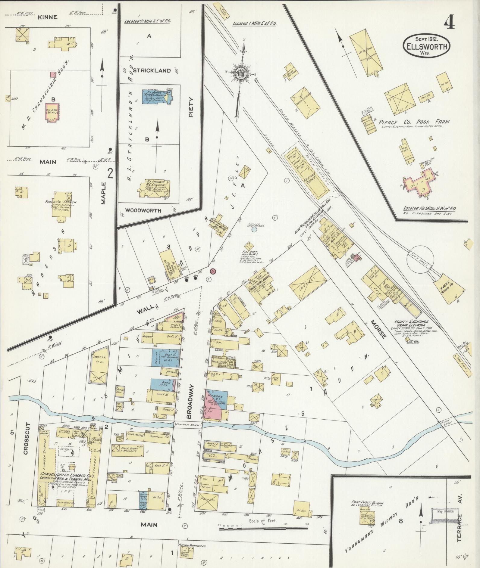 Sanborn Fire Insurance Map from Ellsworth, Pierce County, Wisconsin (1912), Sheet #0004 - Historic Sanborn Fire Insurance Map Print, vintage old map wall art, antique decor, genealogy gift, Wisconsin Wisconsin map
