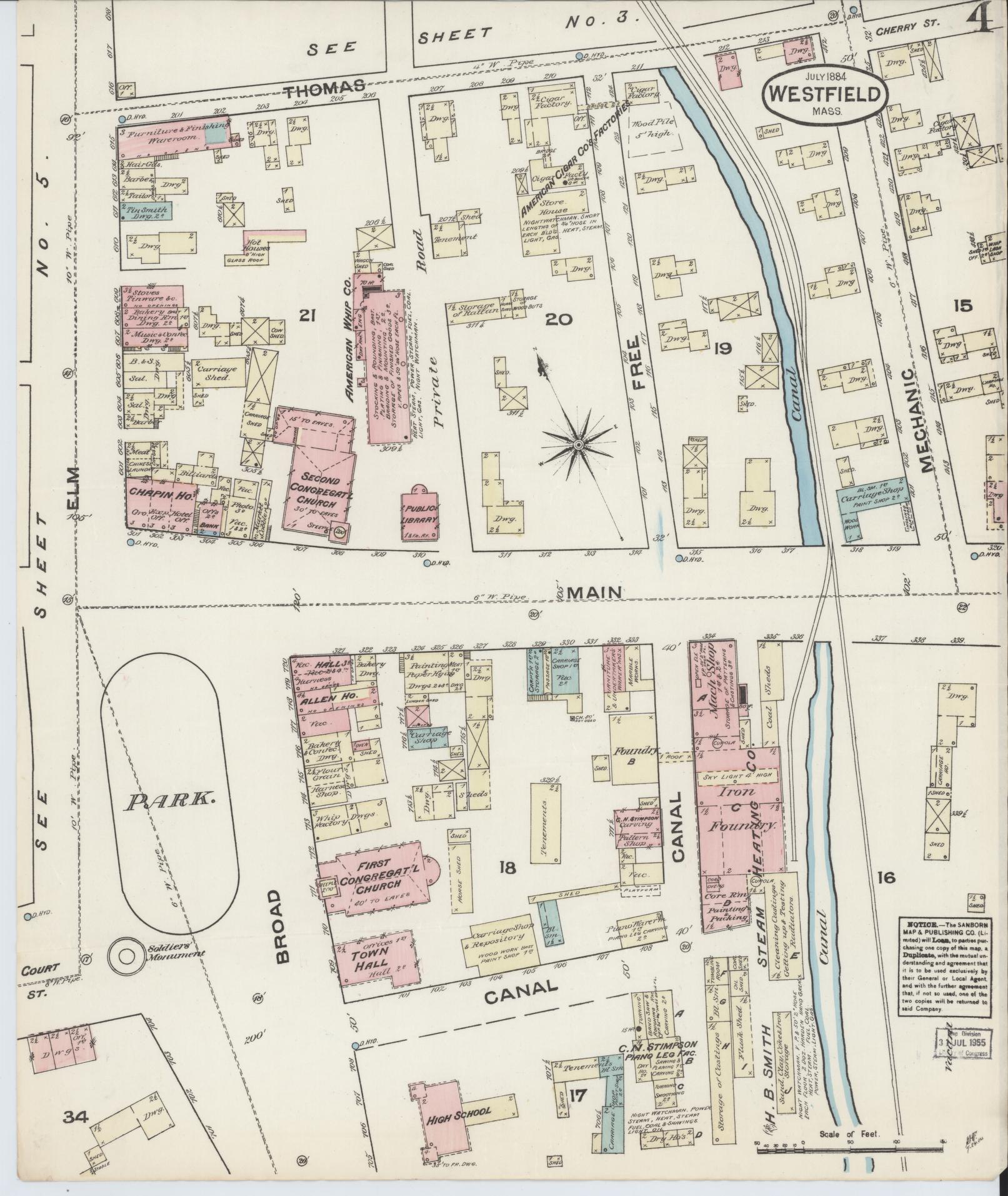 Sanborn Fire Insurance Map from Westfield, Hampden County, Massachusetts (1884), Sheet #0004 - Historic Sanborn Fire Insurance Map Print, vintage old map wall art, antique decor, genealogy gift, Massachusetts Massachusetts map