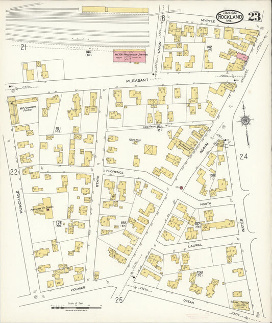 Sanborn Fire Insurance Map from Rockland, Knox County, Maine (1922), Sheet #0023 - Historic Sanborn Fire Insurance Map Print, vintage old map wall art, antique decor, genealogy gift, Maine Maine map