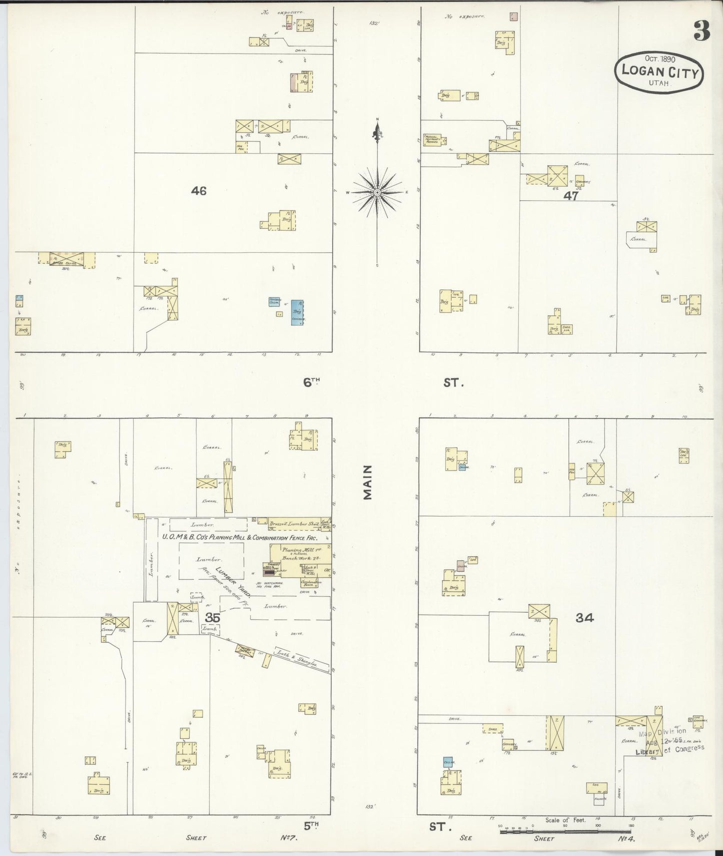 Sanborn Fire Insurance Map from Logan, Cache County, Utah (1890), Sheet #0003 - Complete Map Set gallery image, historic Sanborn map, vintage wall art, Utah Utah